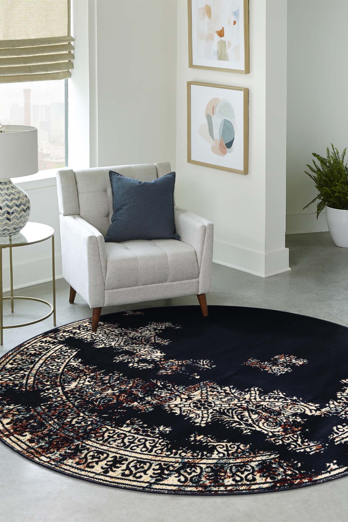 Angorahome Ethnic Dokuma Makine Halısı 1915NVY 160 x 160 Yuvarlak - 2