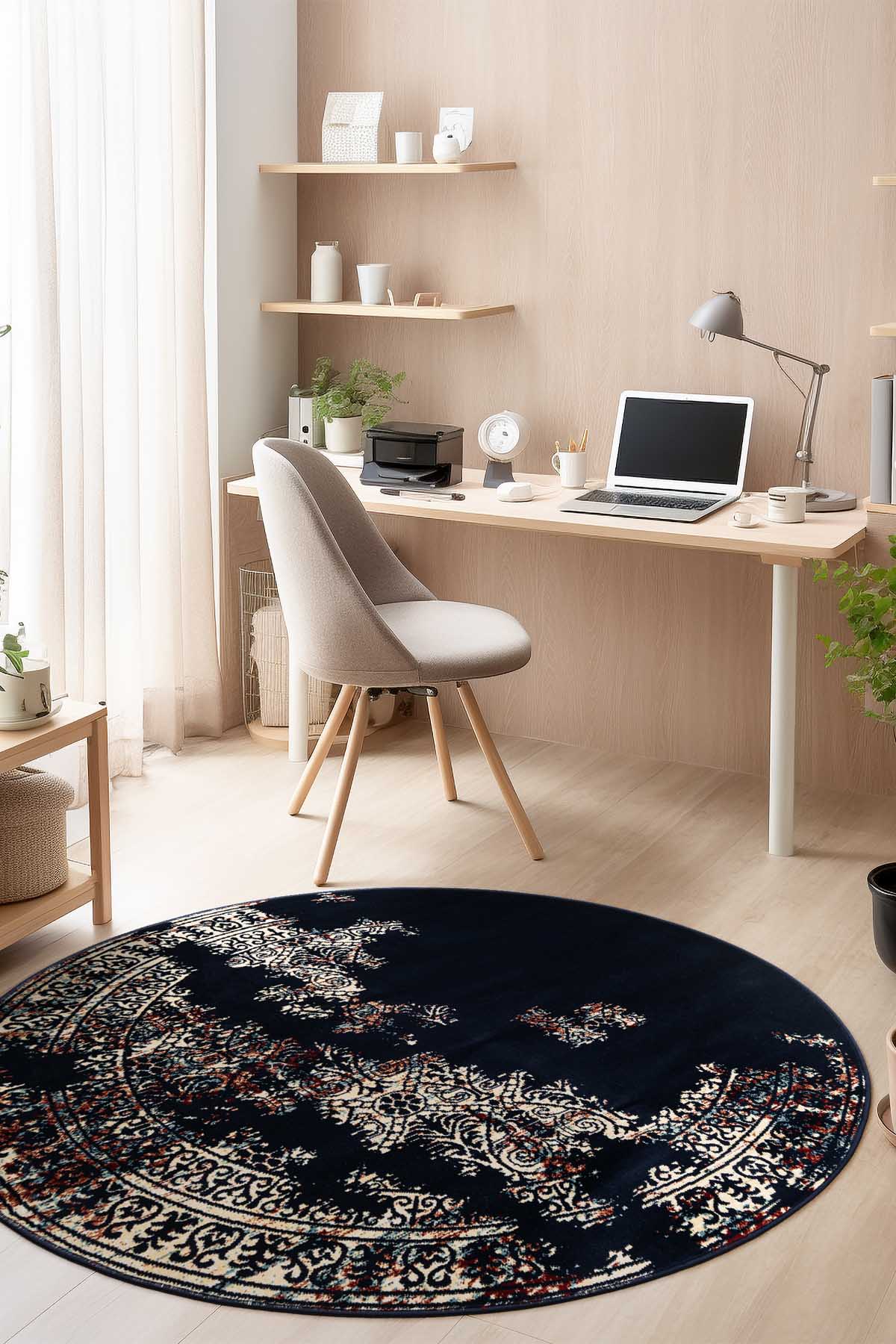 Angorahome Ethnic Dokuma Makine Halısı 1915NVY 160 x 160 Yuvarlak - 3