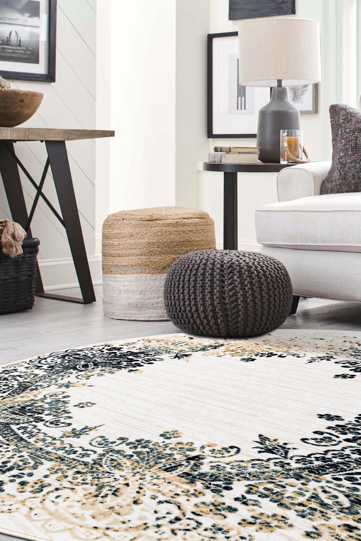 Angorahome Ethnic Dokuma Makine Halısı 1922NVY 160 x 160 Yuvarlak - 2