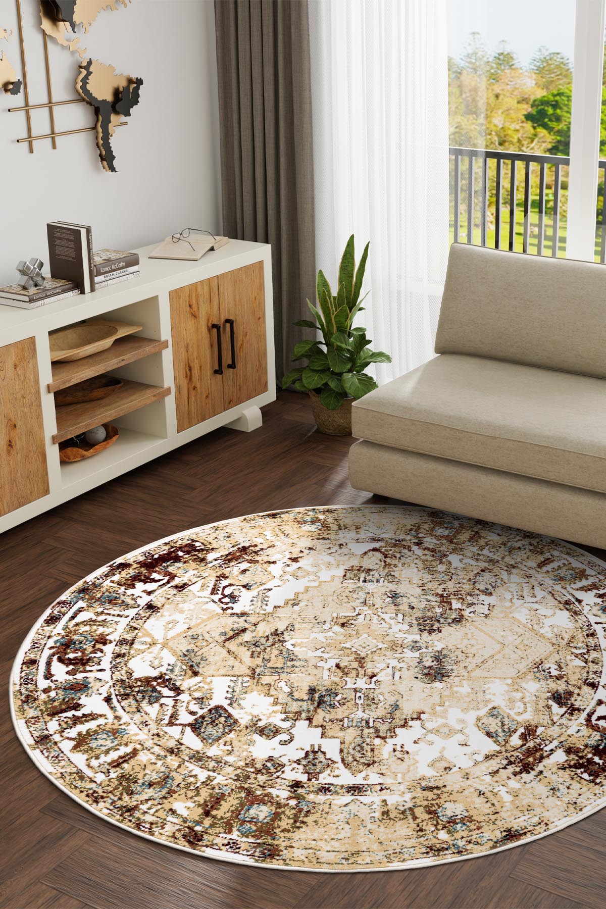 Angorahome Ethnic Dokuma Makine Halısı 1923BD 160 x 160 Yuvarlak - 2